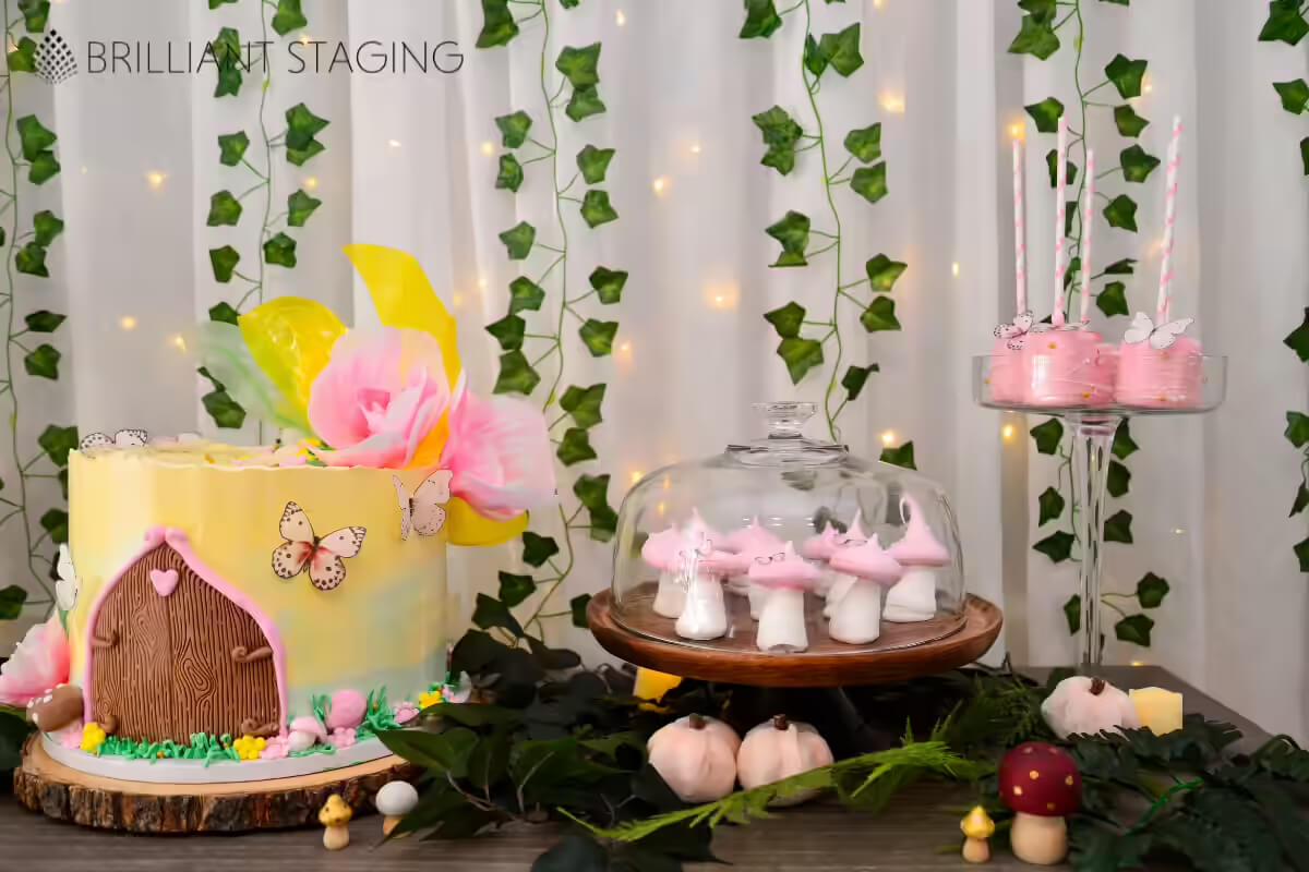 Event decorating with wall design plus trunk-themed cake and mushroom cupcakes